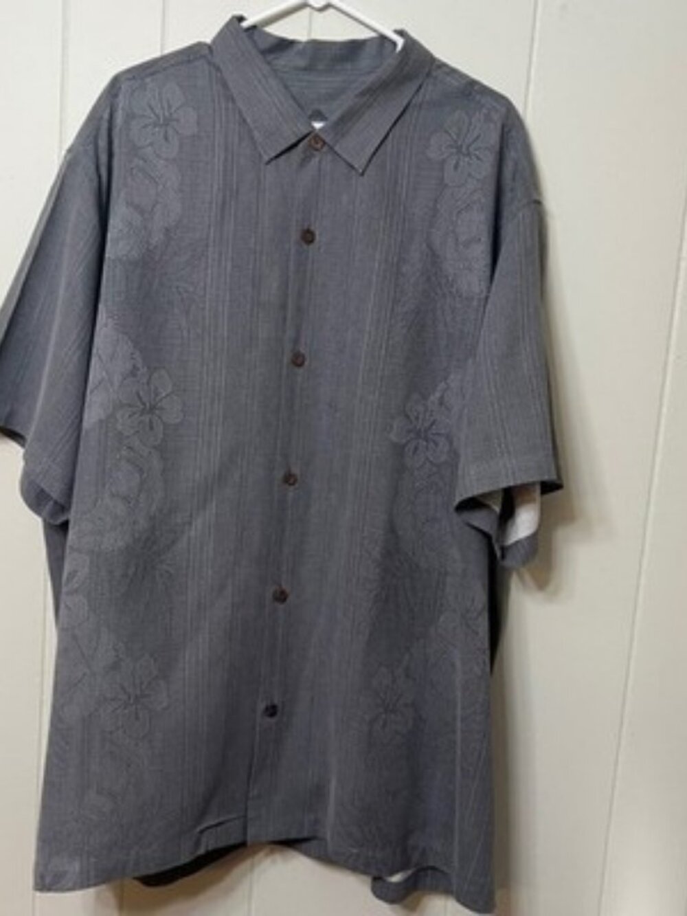 Tommy Bahama Silk Hawaiian Camp Shirt Grey Palm Leaf Floral Button Down Mens 3XL